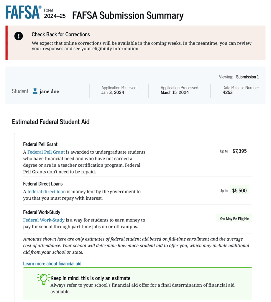 Sample FAFSA Student Aid Index